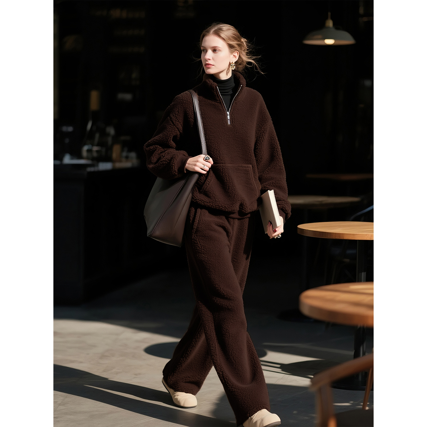 深棕色羊羔绒套装女2025秋冬新款