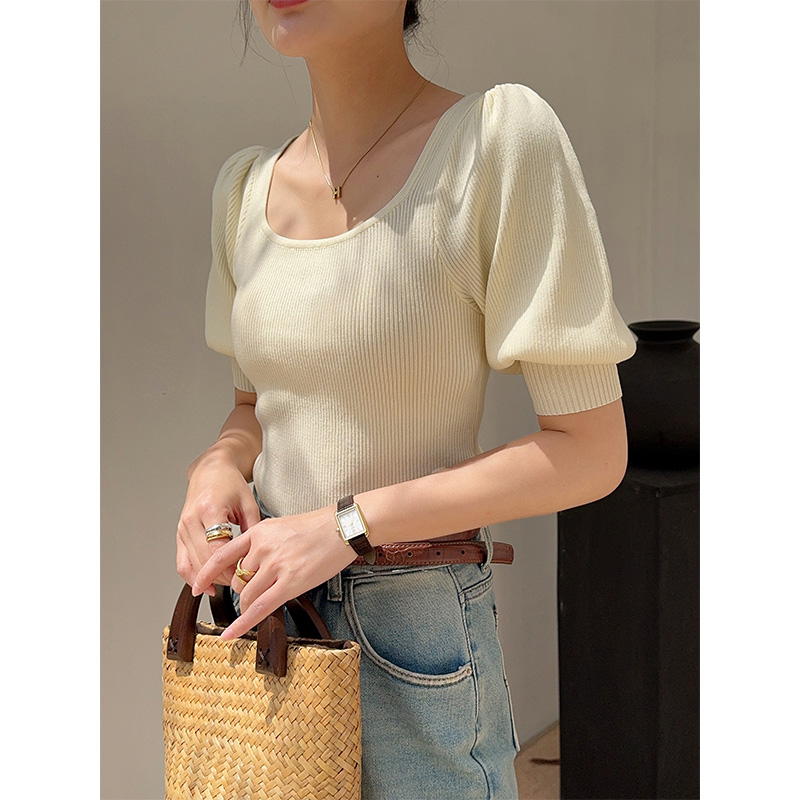 杏色方领冰丝短袖针织衫女2025年夏季新款泡泡袖薄款t恤短款上衣