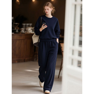 圆领简约通勤阔腿裤 新款 两件套 女2025年秋季 深蓝色休闲卫衣套装