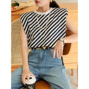 垫肩高级感直角肩上衣设计感 薄款 条纹无袖 坎肩t恤女2025年夏季