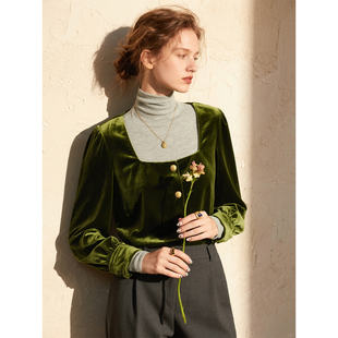 绿色丝绒衬衫女2026年春季新款方领上衣气质设计感小众法式衬衣