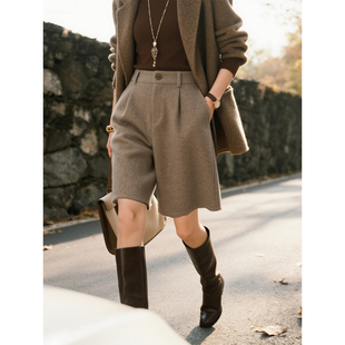 百搭显瘦高腰直筒休闲五分裤 时尚 女2025年秋冬新款 咖色毛呢阔腿裤