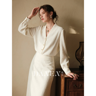 衬衫 长袖 直筒半身裙两件套 裙女2025年秋冬新款 米白色灯芯绒套装