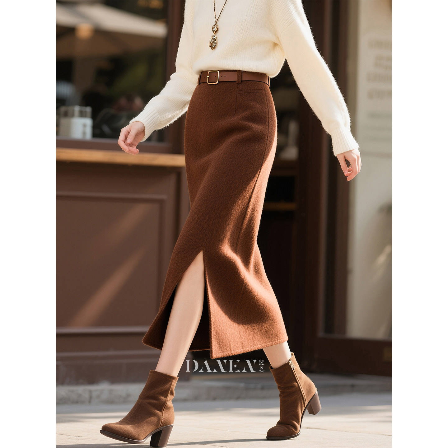 棕色高腰半身裙女2026年秋冬新款毛呢复古通勤风显瘦开叉直筒裙,女装/女士精品,半身裙,淘宝优惠券,粉丝福利购,淘宝优惠卷