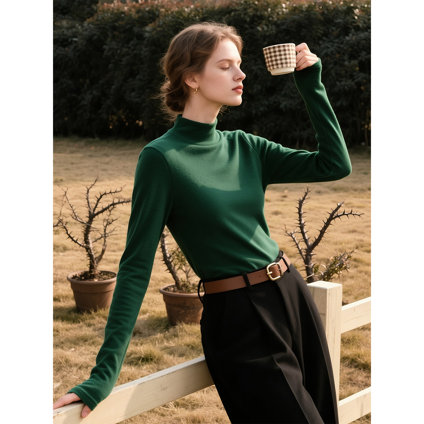 墨绿色德绒长袖打底衫女2025年