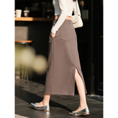 灰咖色高腰A字半身裙女2026年春季 新款 简约通勤显瘦开叉中长裙
