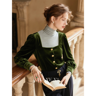绿色方领长袖丝绒衬衫女2025年秋冬新款法式复古小众衬衣轻奢上衣