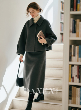 深灰色100羊毛套装女秋冬毛呢外套半裙两件套2026超火冬装一整套