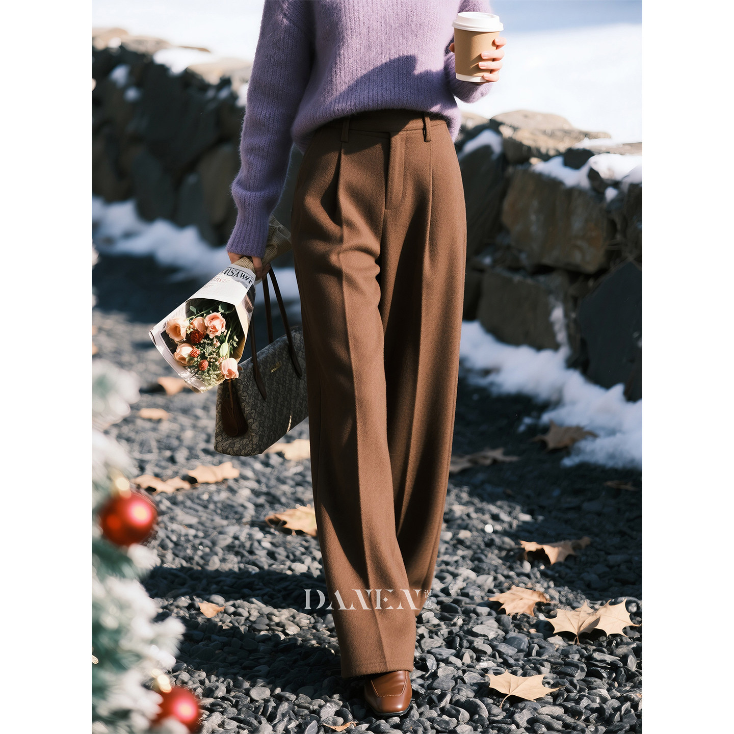 咖啡色时尚阔腿裤女2025秋冬新款