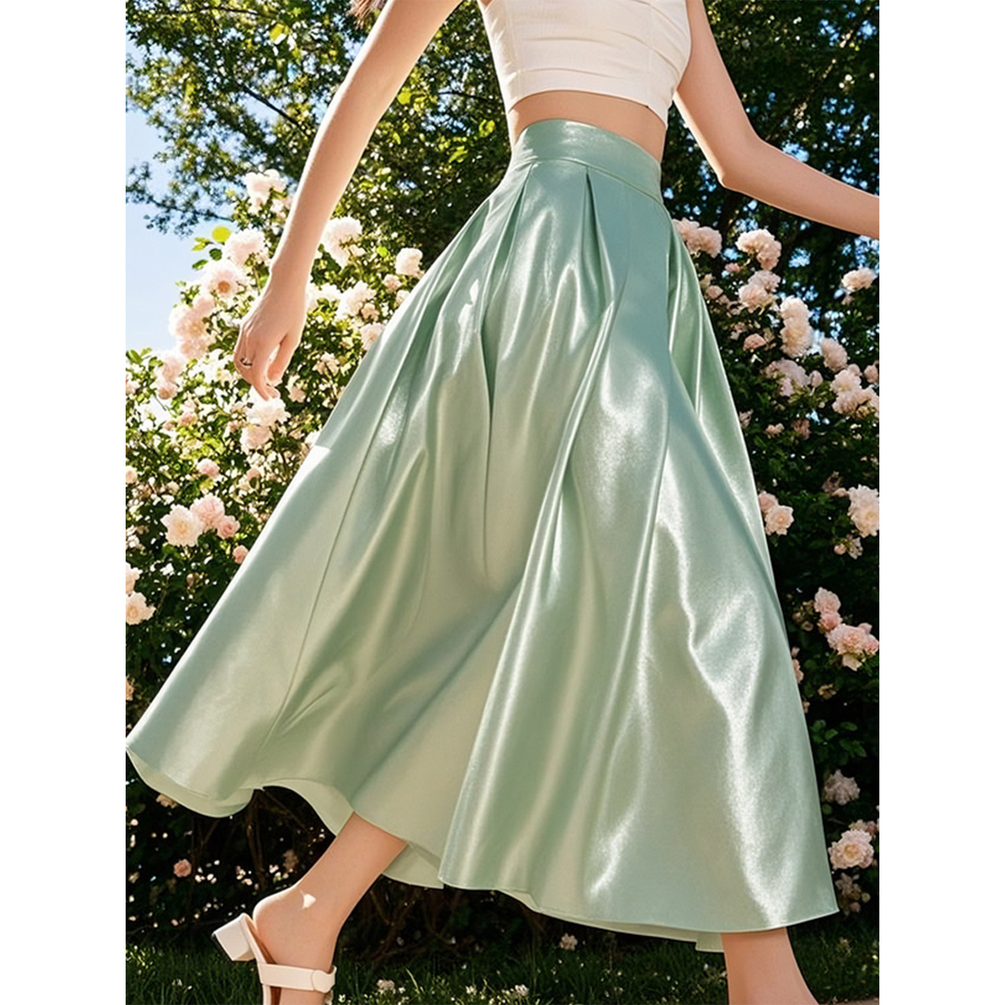 绿色缎面半身裙女2025年夏季新款