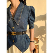 短袖 收腰V领衬衣配裙子 莱赛尔衬衫 天丝牛仔上衣女2026年夏季 新款