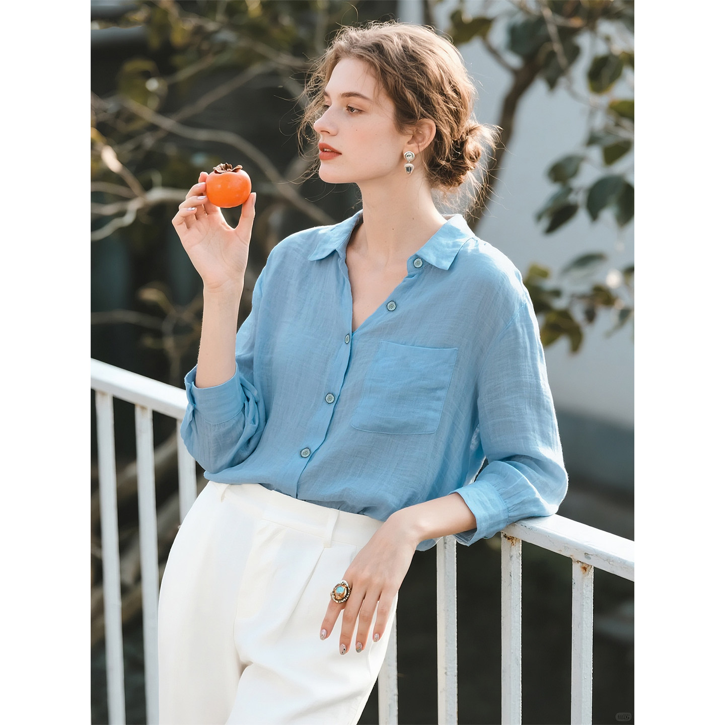蓝色亚麻翻领长袖衬衫女2026年春季新款法式复古休闲百搭衬衣上衣,女装/女士精品,衬衫,淘宝优惠券,粉丝福利购,淘宝优惠卷