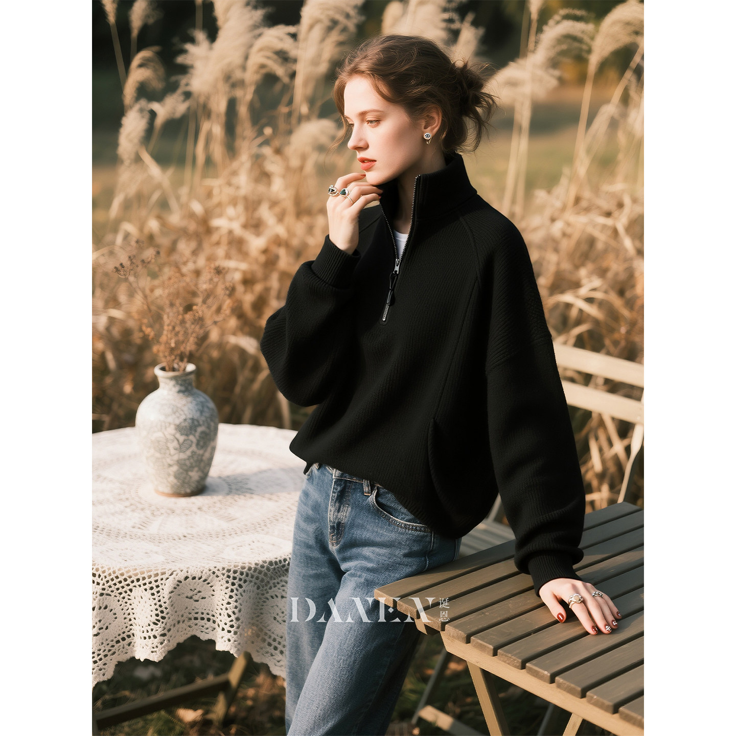 黑色立领羊毛针织衫女2025年秋冬新款半拉链高级感加绒毛衣外套,女装/女士精品,毛针织衫,淘宝优惠券,粉丝福利购,淘宝优惠卷
