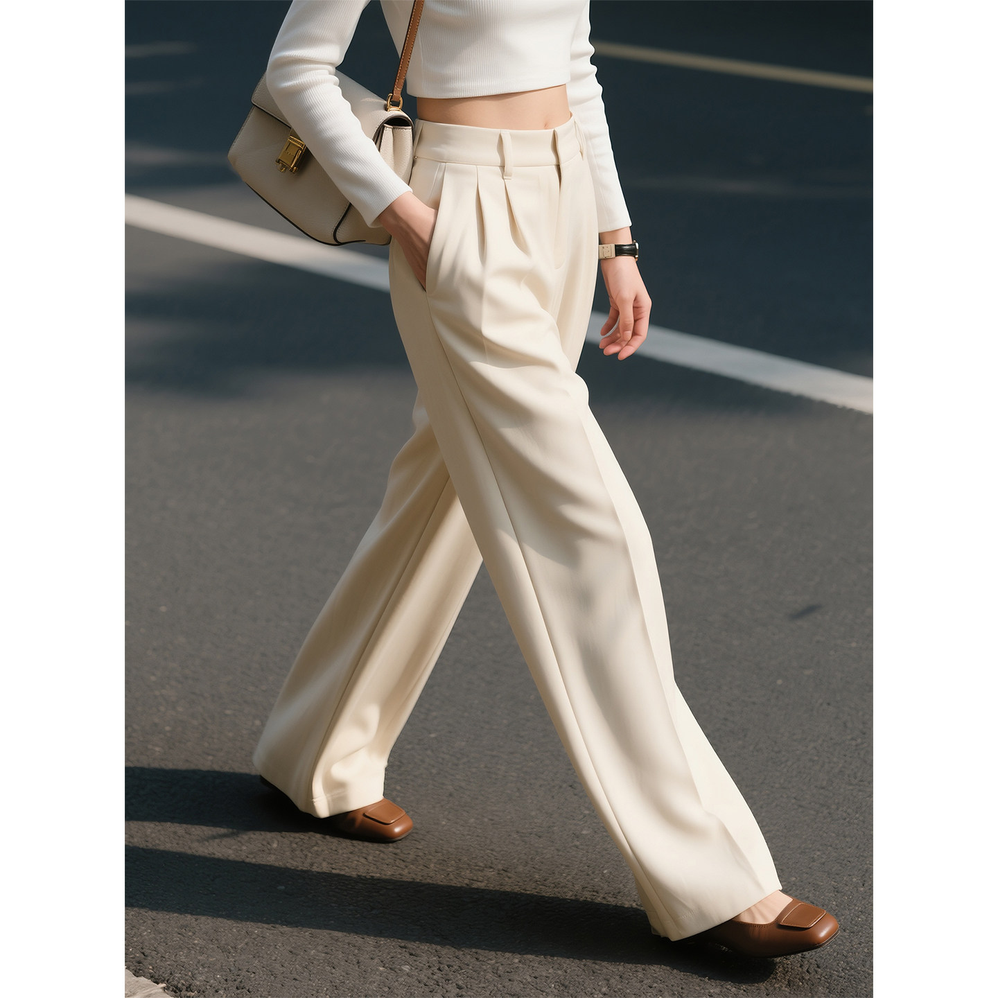 米白色百搭阔腿裤女2026年春季新款简约宽松显瘦垂坠感高腰长裤子,女装/女士精品,休闲裤,淘宝优惠券,粉丝福利购,淘宝优惠卷