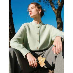 长袖 简约时尚 衬衣百搭上衣 女2025年秋冬新款 豆绿色磨毛立领衬衫