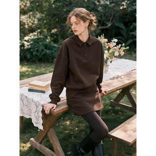 洋气百搭两件套 时尚 深咖色POLO领卫衣半身裙套装 女2025年秋冬新款