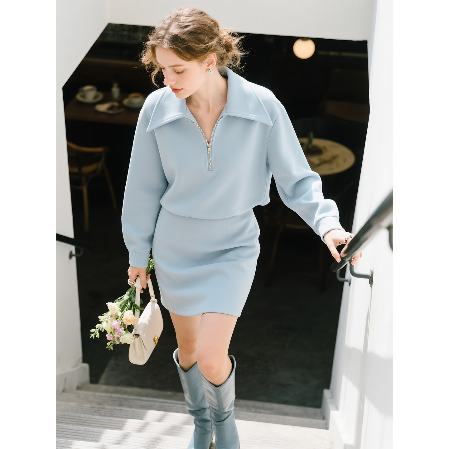 蓝色翻领半拉链卫衣半身裙两件套女2026年春季新款休闲时尚套装,女装/女士精品,时尚套装,淘宝优惠券,粉丝福利购,淘宝优惠卷