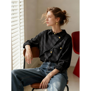 黑色磨毛衬衫女2025年秋冬新款设计感不规则长袖衬衣内搭叠穿上衣