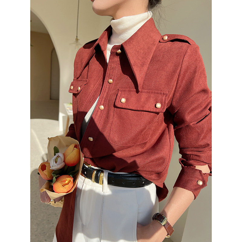 叠穿灯芯绒衬衫女早春2022年新款港风复古设计感小众加厚磨毛衬衣