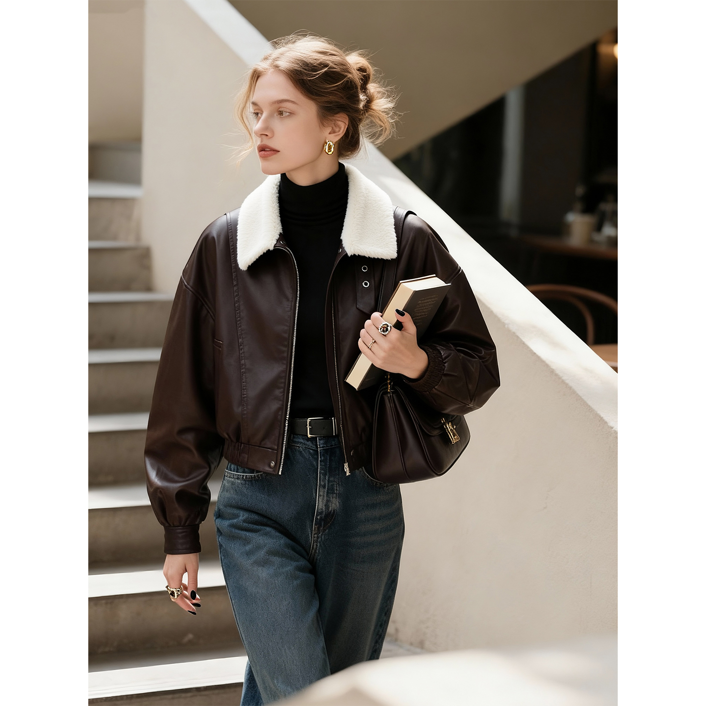 咖色羊羔毛领皮衣外套女2025年秋冬新款美式复古风短款保暖机车服
