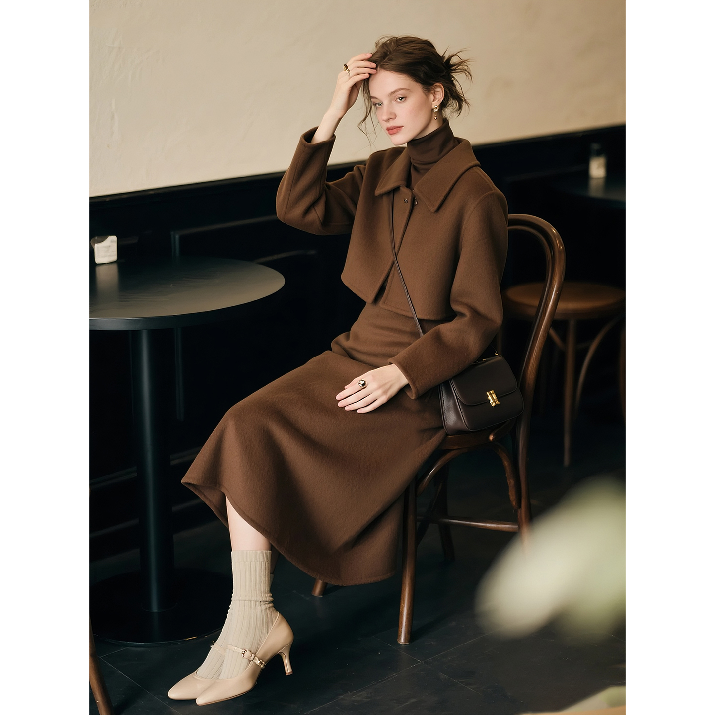 棕色羊毛毛呢套装女2025年秋冬