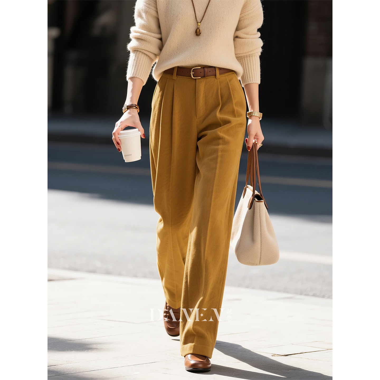 咸菜绿毛呢阔腿裤女2025年秋冬款