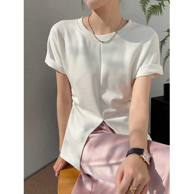 白色开叉铜氨丝短袖t恤女2025年夏季新款褶皱收腰圆领设计感上衣