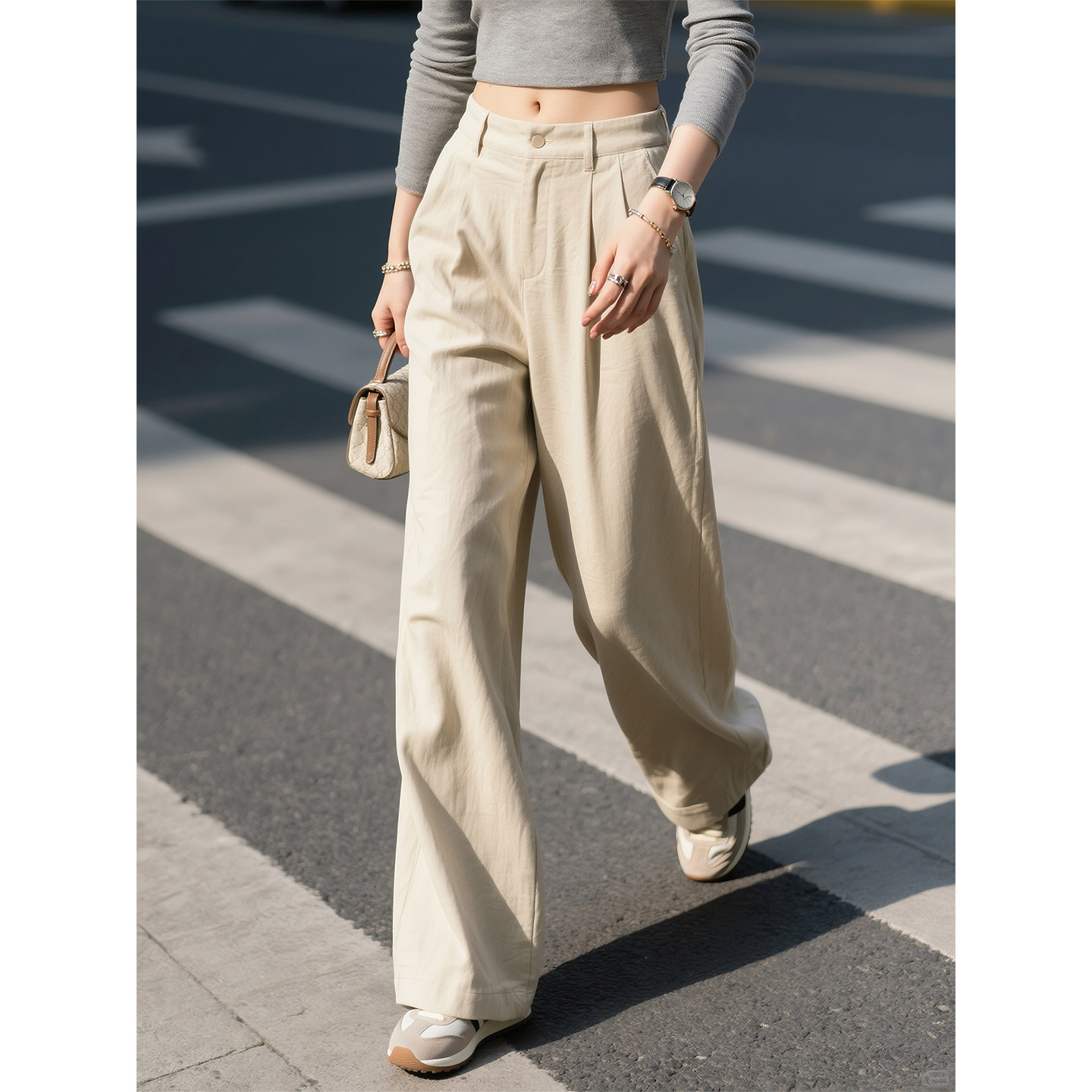 米色高腰阔腿裤女2026年春季新款极简风宽松显瘦百搭垂坠感长裤子,女装/女士精品,休闲裤,淘宝优惠券,粉丝福利购,淘宝优惠卷