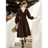深棕色V领连衣裙女2025秋冬新款 V领羊毛简约风时尚 洋气叠穿A字裙