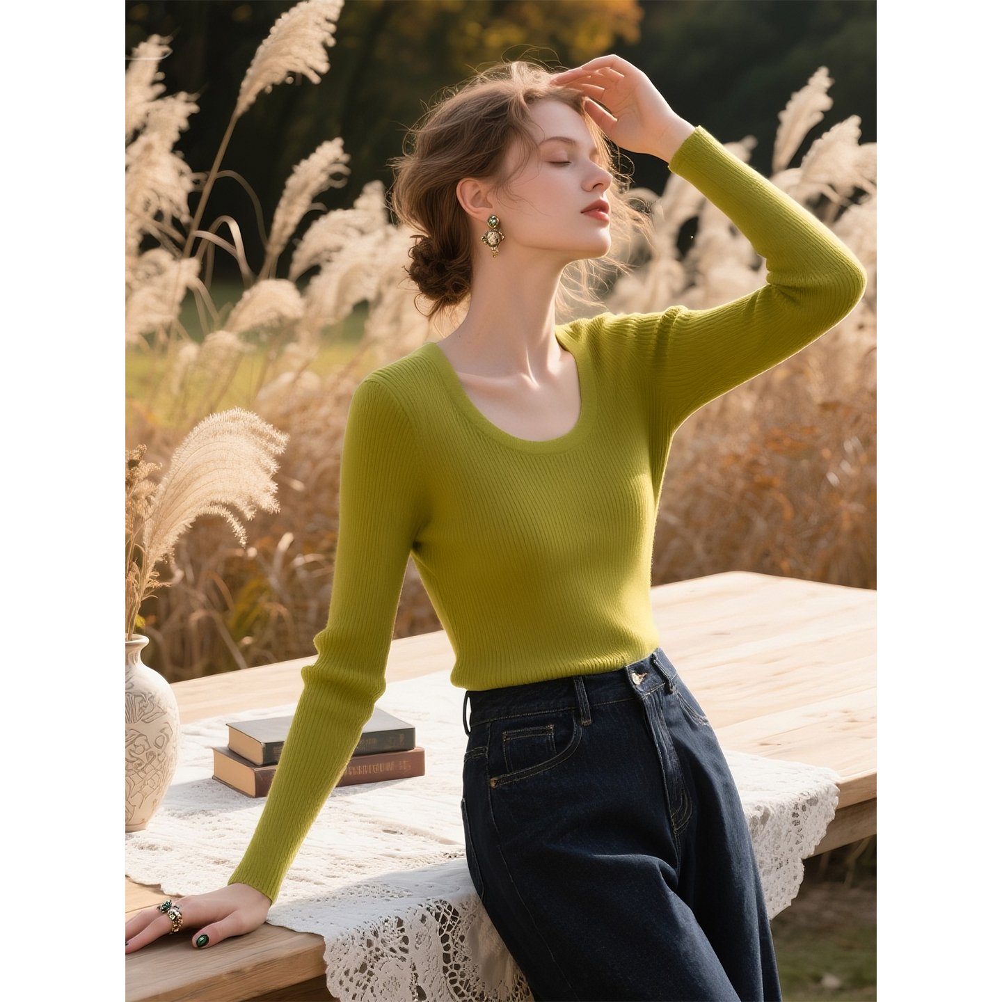 绿色圆领毛衣针织衫女2025年秋冬