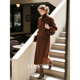 棕色羊毛套装女秋冬双面呢外套半身裙两件套2026超火冬装一整套