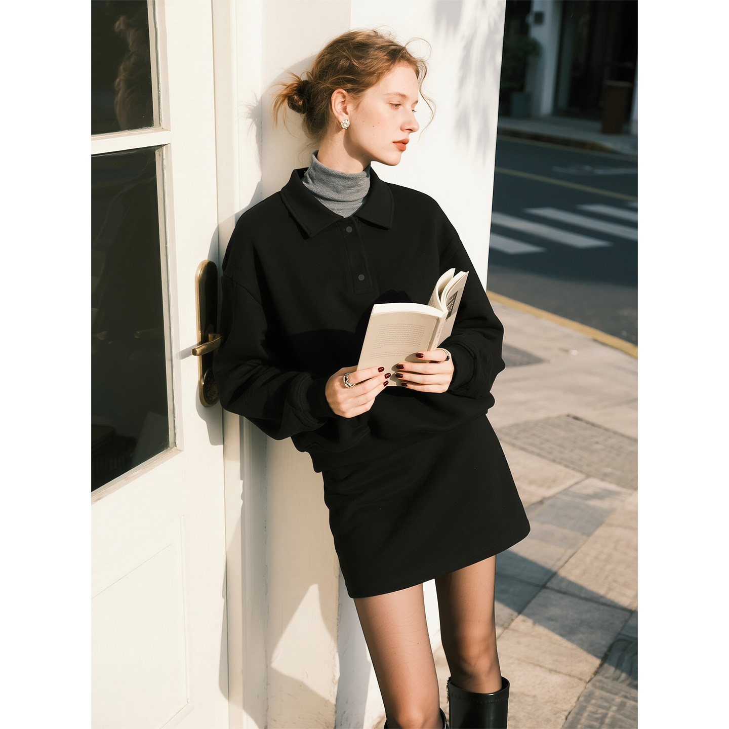 黑色POLO领卫衣套装女2026秋冬新款羊毛加厚时尚简约半身裙两件套,女装/女士精品,时尚套装,淘宝优惠券,粉丝福利购,淘宝优惠卷