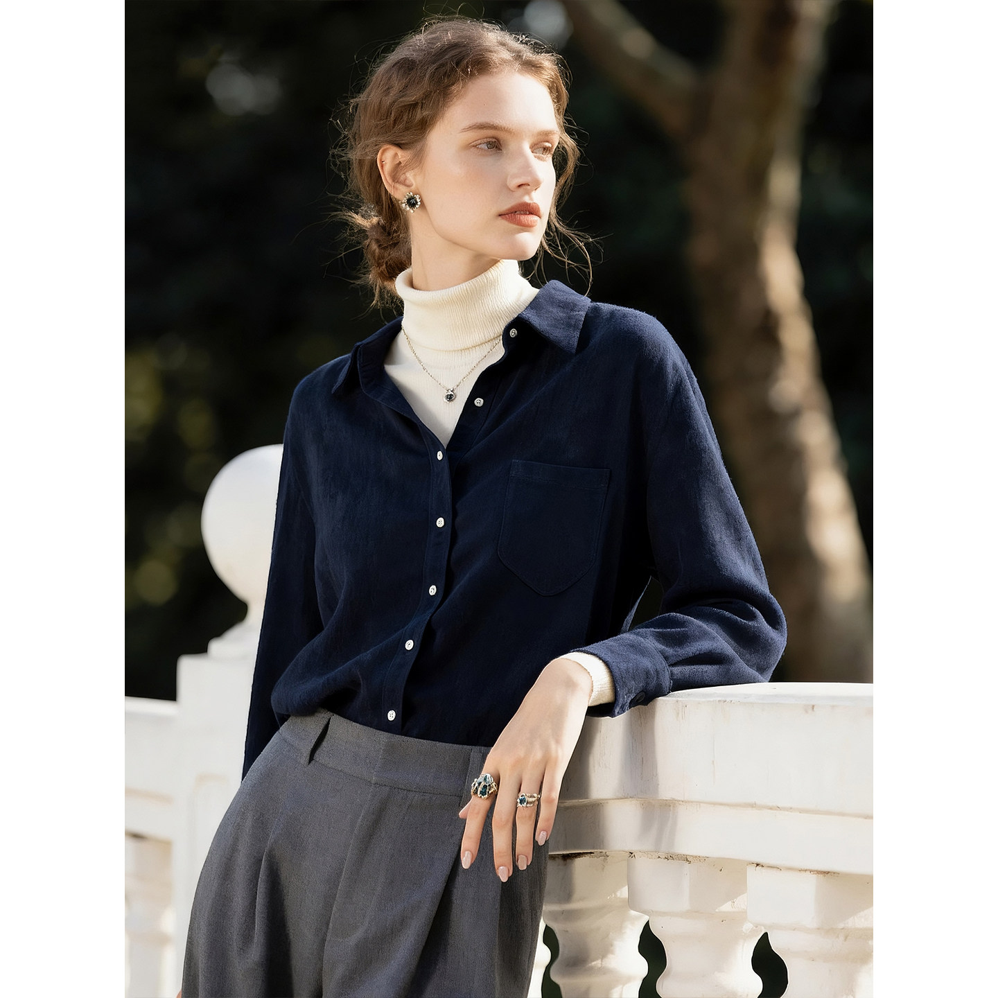 藏青色磨毛长袖衬衫女秋冬叠穿