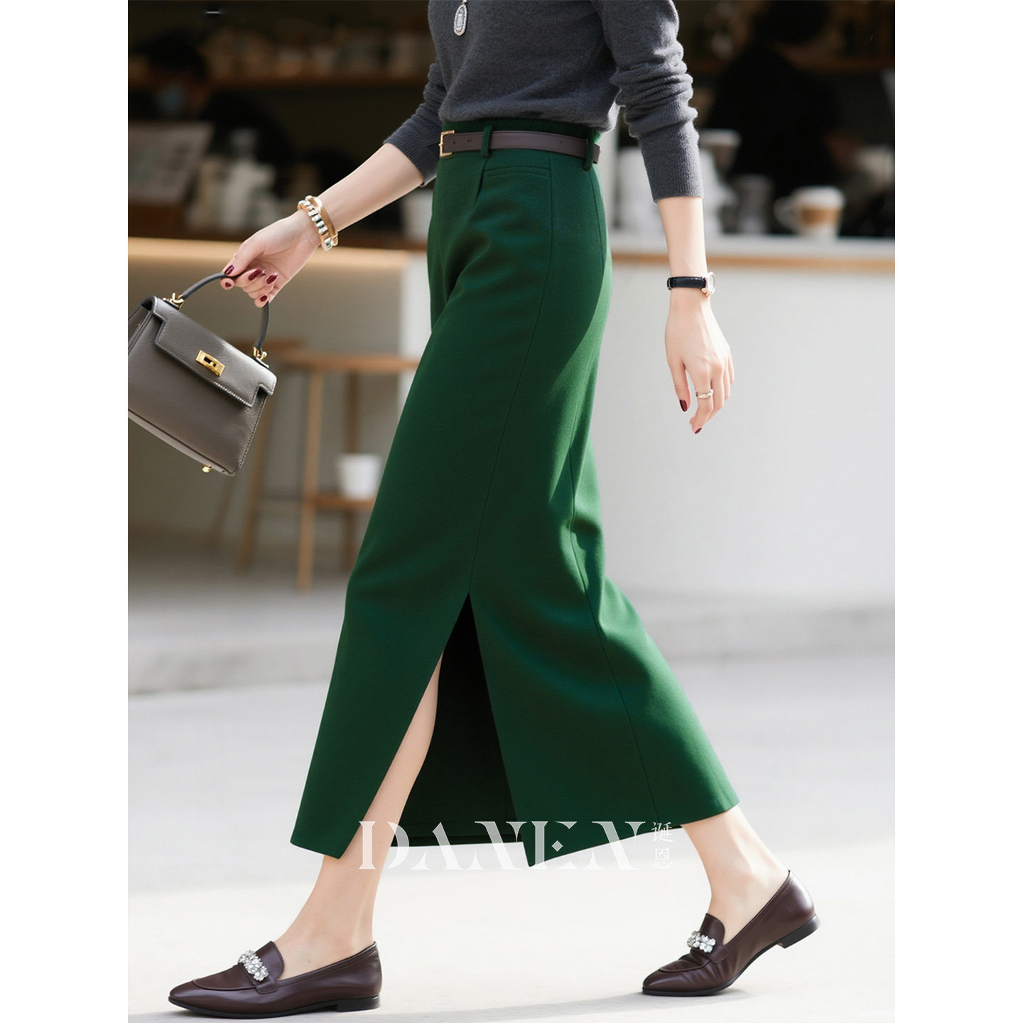 墨绿色半身裙女2025秋冬新款法式