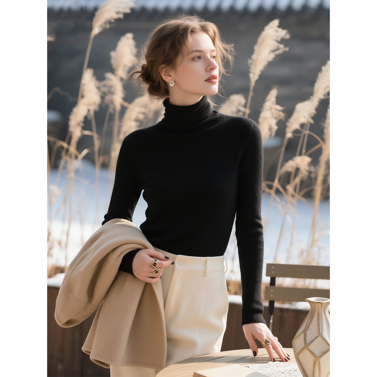 黑色高领羊毛针织衫女2025年