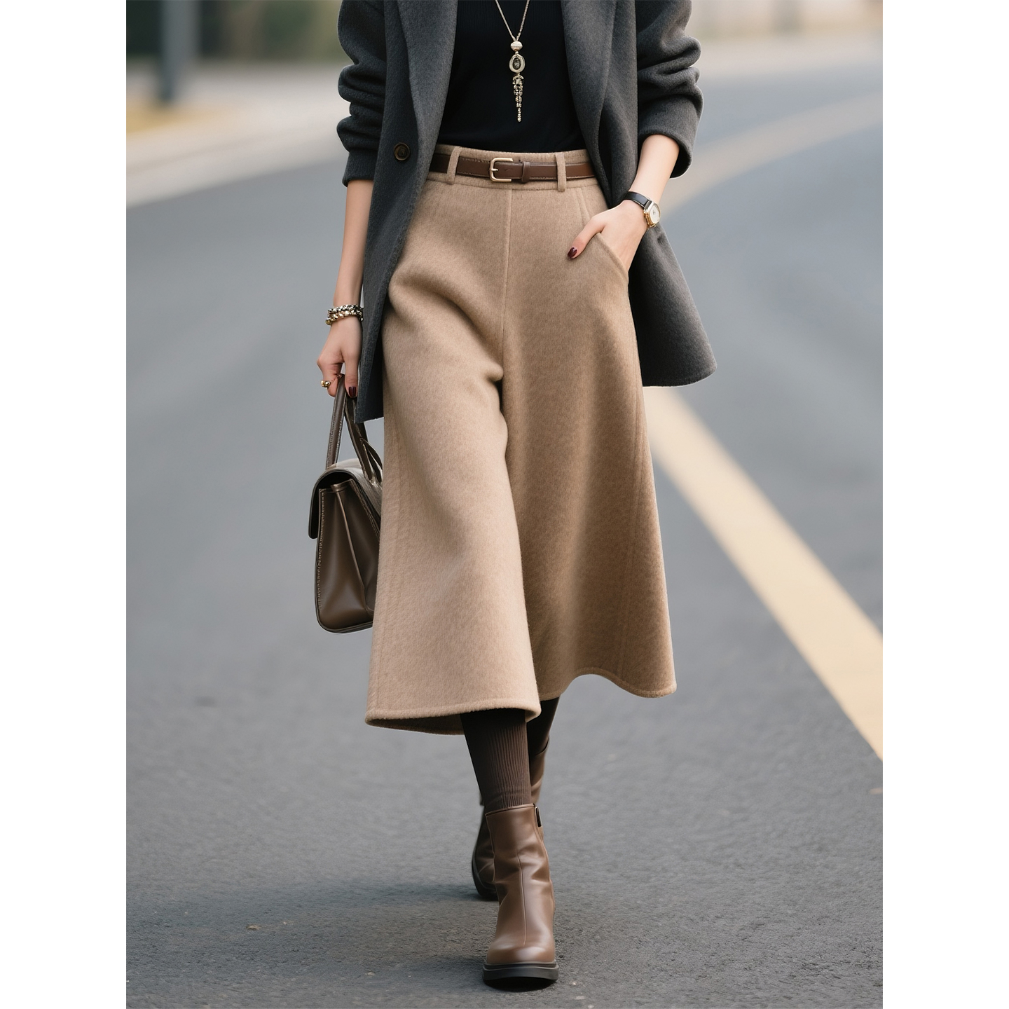 浅咖色羊绒八分阔腿裤女2025年秋冬新款高腰桑蚕丝百搭直筒裤子