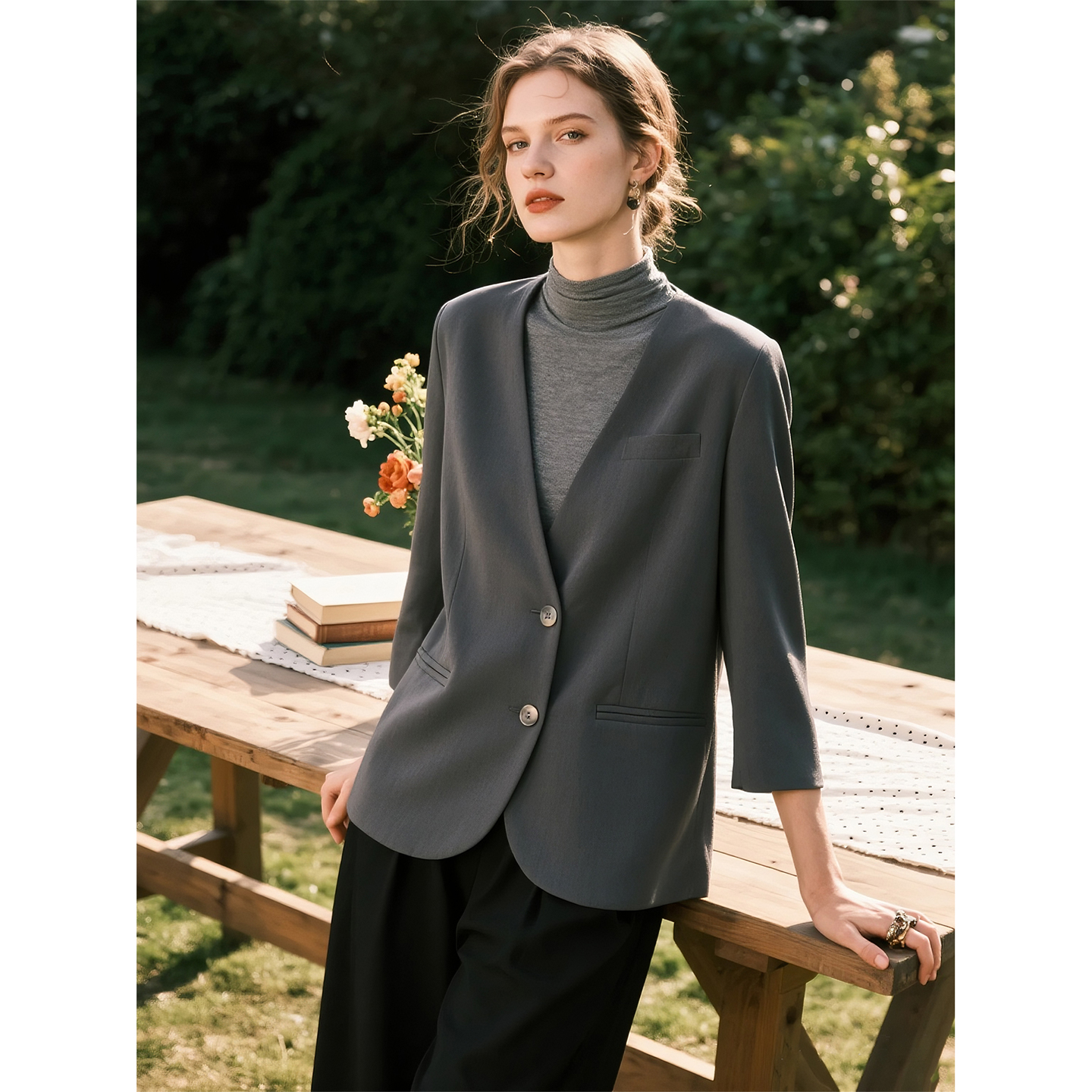 灰色无领西装外套女2025年秋季