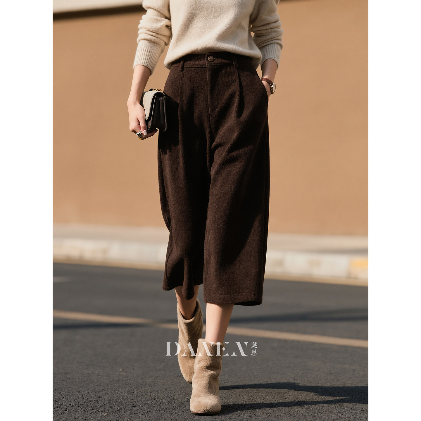 深棕色毛呢七分阔腿裤女2026年秋冬新款高腰法式复古时尚直筒裤子,女装/女士精品,休闲裤,淘宝优惠券,粉丝福利购,淘宝优惠卷