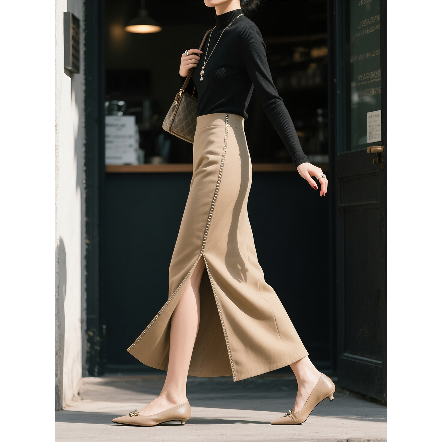 卡其色法式优雅风半身裙女2026年春季新款时尚气质开叉百搭长款裙,女装/女士精品,半身裙,淘宝优惠券,粉丝福利购,淘宝优惠卷