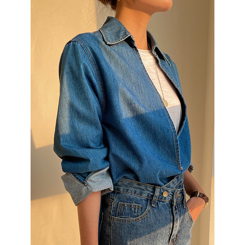 叠穿牛仔衬衫春秋v领复古