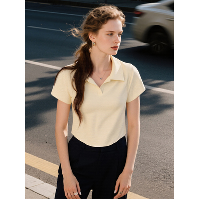 黄色polo领短袖t恤女2025年夏季