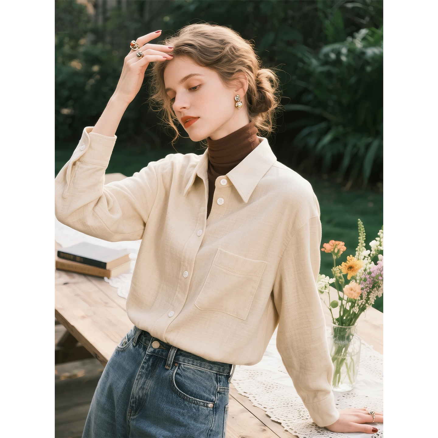 米白色磨毛衬衫女2025年秋冬新款