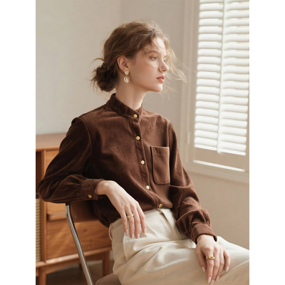 棕色立领纯棉磨毛灯芯绒衬衫女