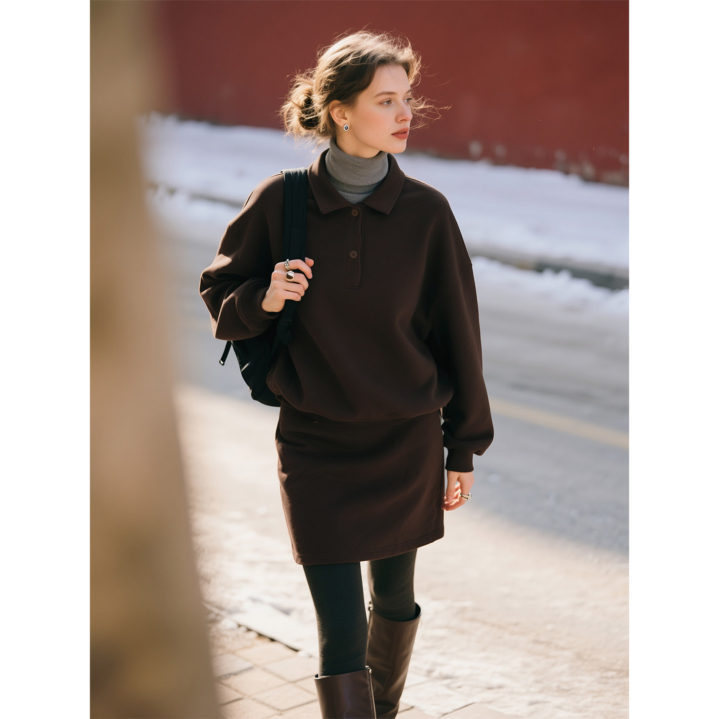 深咖色翻领羊毛卫衣套装女2026春季新款通勤百搭上衣半身裙两件套,女装/女士精品,时尚套装,淘宝优惠券,粉丝福利购,淘宝优惠卷