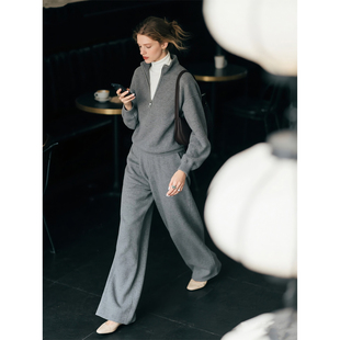高级感百搭套装 羊毛时尚 两件套女2025年秋冬新款 灰色卫衣阔腿裤