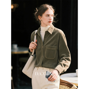 橄榄绿灯芯绒衬衫女2026年秋冬新款法式复古高级感衬衣叠穿上衣