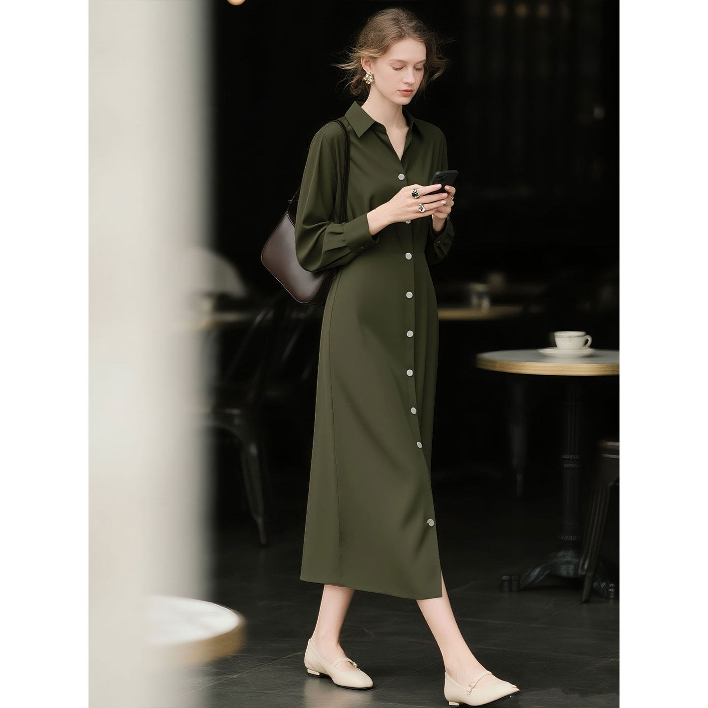 绿色天丝长袖衬衫连衣裙女秋季