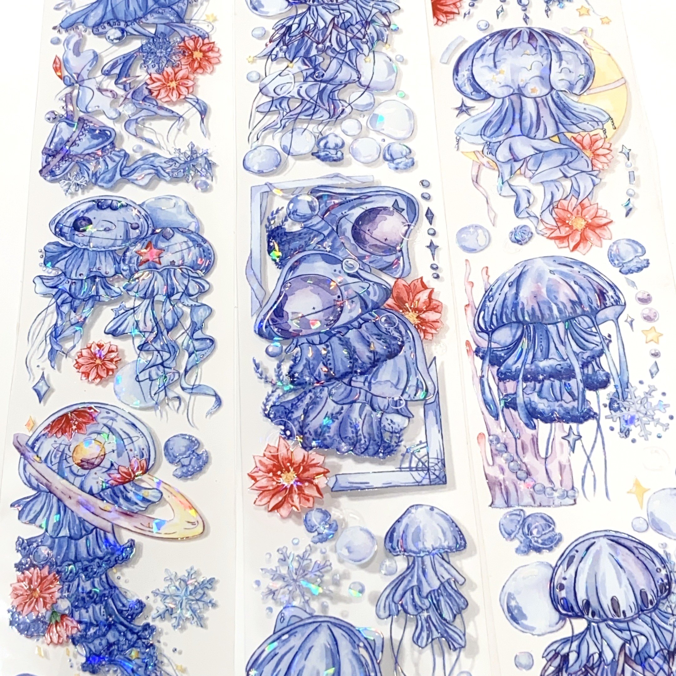 花间水母.手账pet胶带蓝色海洋水母咕卡流麻和纸贴纸分装素材整卷