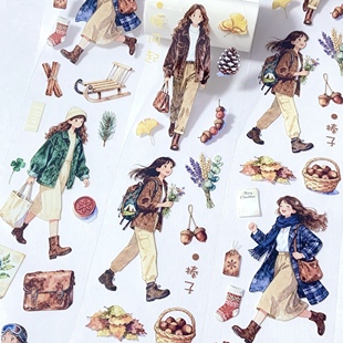 暖风起.手账和纸pet胶带现代秋季人物咕卡流麻贴纸分装素材包整卷