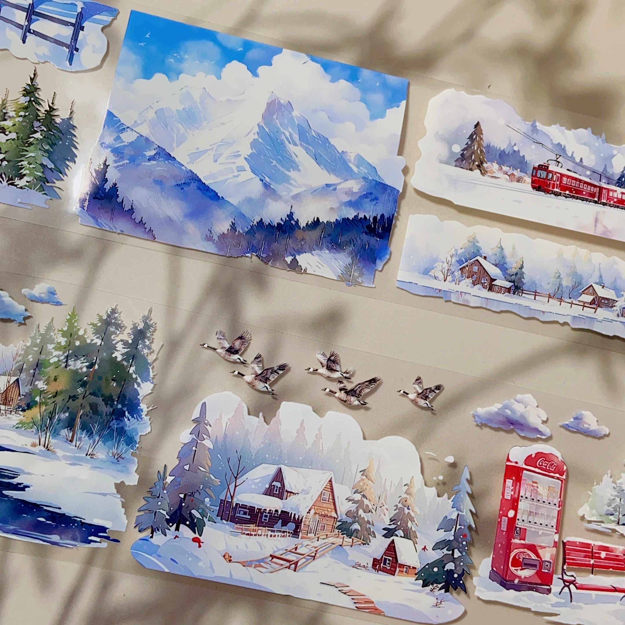 寒林暮雪.手帐pet胶带冬日雪山松树咕卡流麻和纸贴纸分装素材整卷
